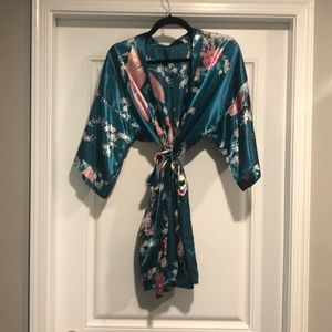 Teal Silk Kimono with Bird and Flower Design